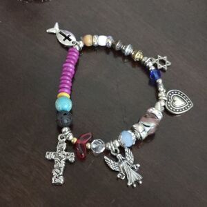 Women's Silvertone Coexist Charms with Multi Color Beaded Bracelet